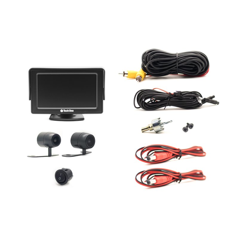 kit monitor de estacionamento com 2x camera de re frontal
