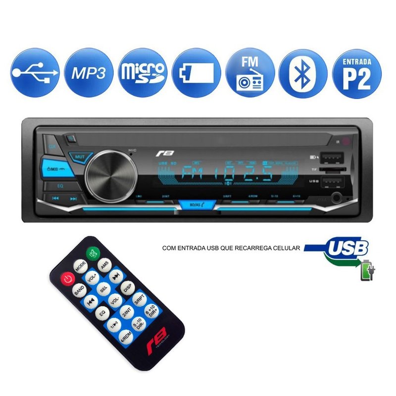 Rádio Automotivo Bluetooth com USB de Recarga e Controle via APP JR8